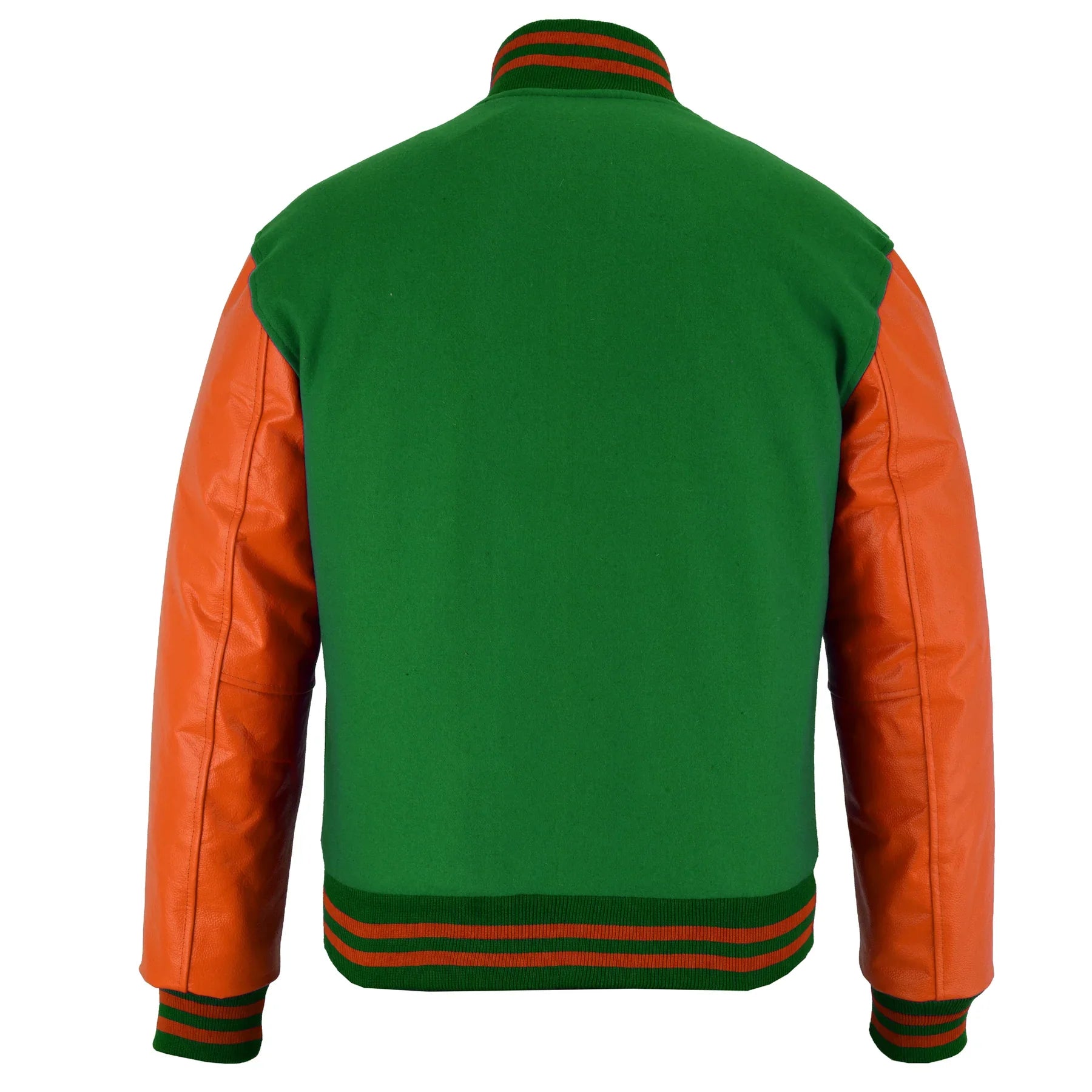 Classic Varsity Letterman Jacket Forest Green Wool with Orange Genuine Leather Sleeves and trims