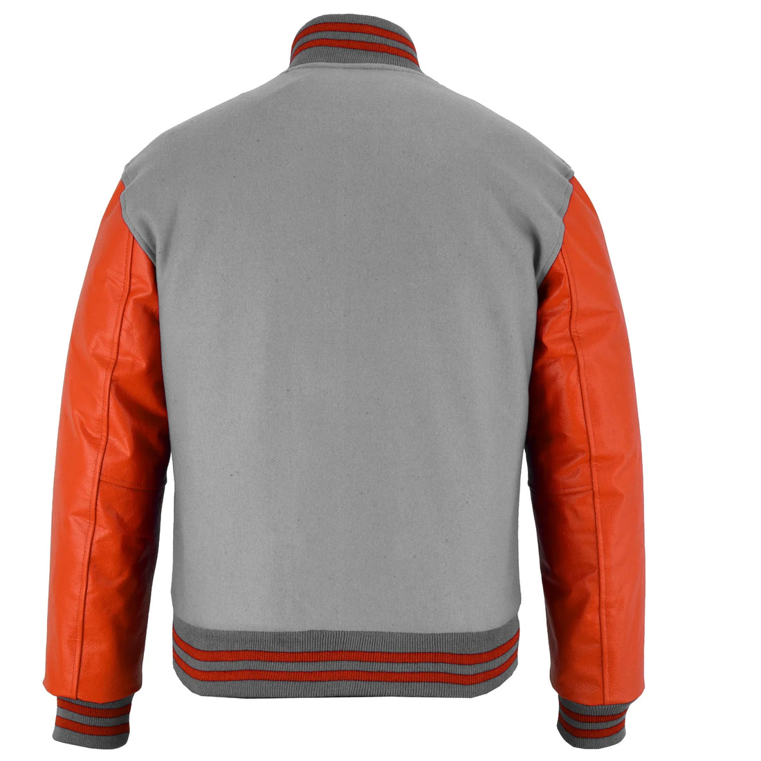 Classic Varsity Letterman Jacket Light Grey Wool with Orange Genuine Leather Sleeves and trims