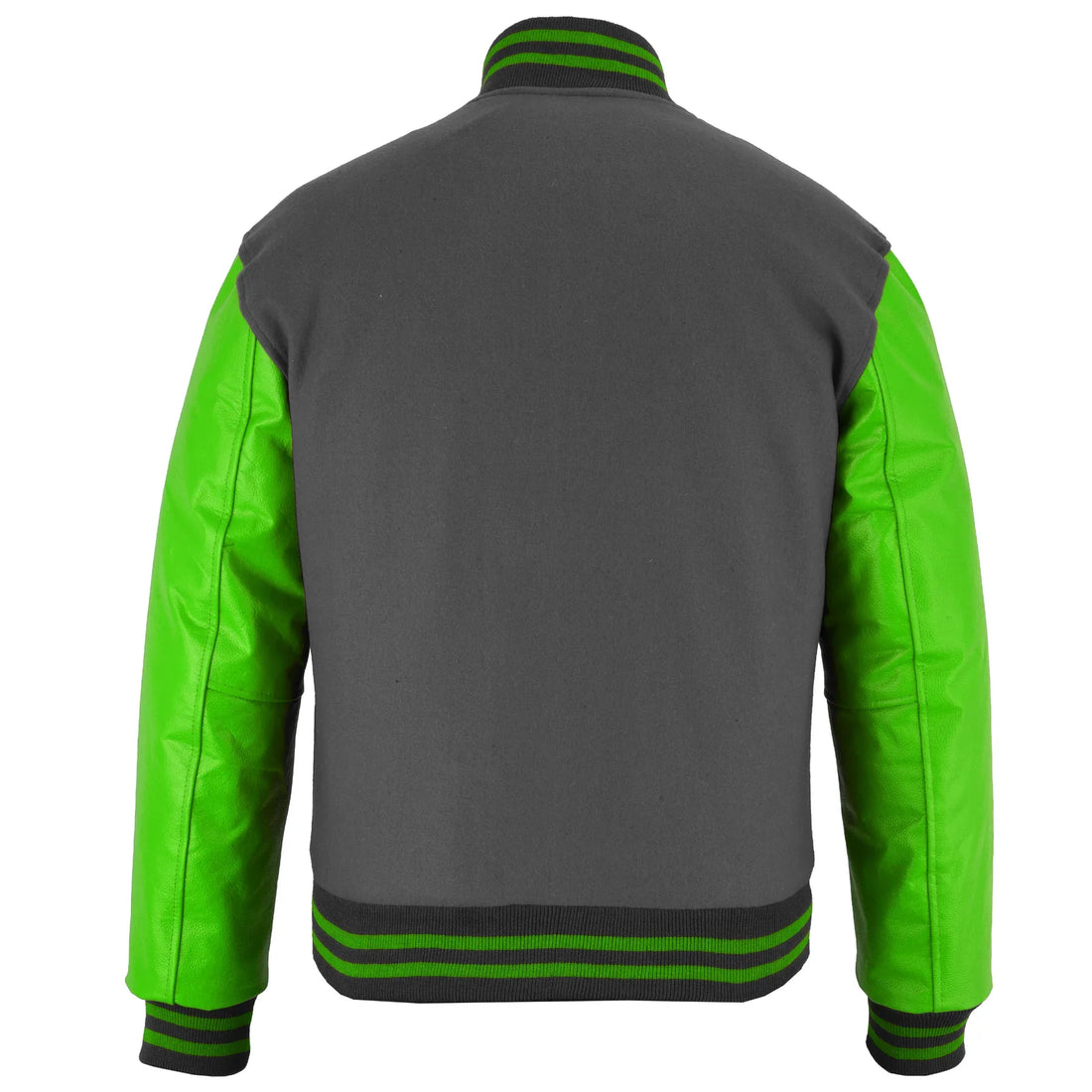 Classic Varsity Letterman Jacket Dark Grey Wool with Green Genuine Leather Sleeves and trims
