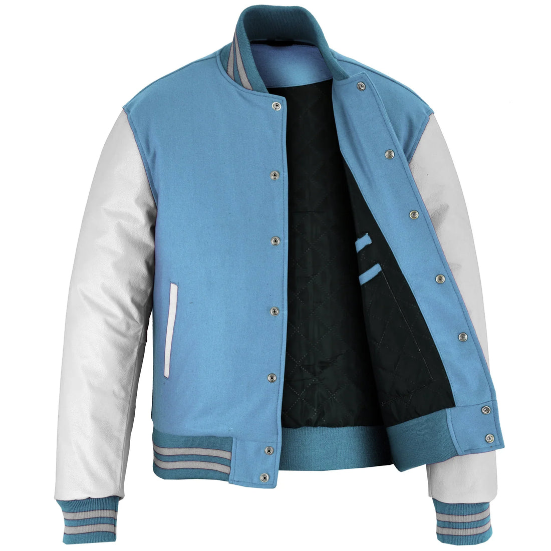 Classic Varsity Letterman Jacket Sky Blue Wool with White Genuine Leather Sleeves and trims