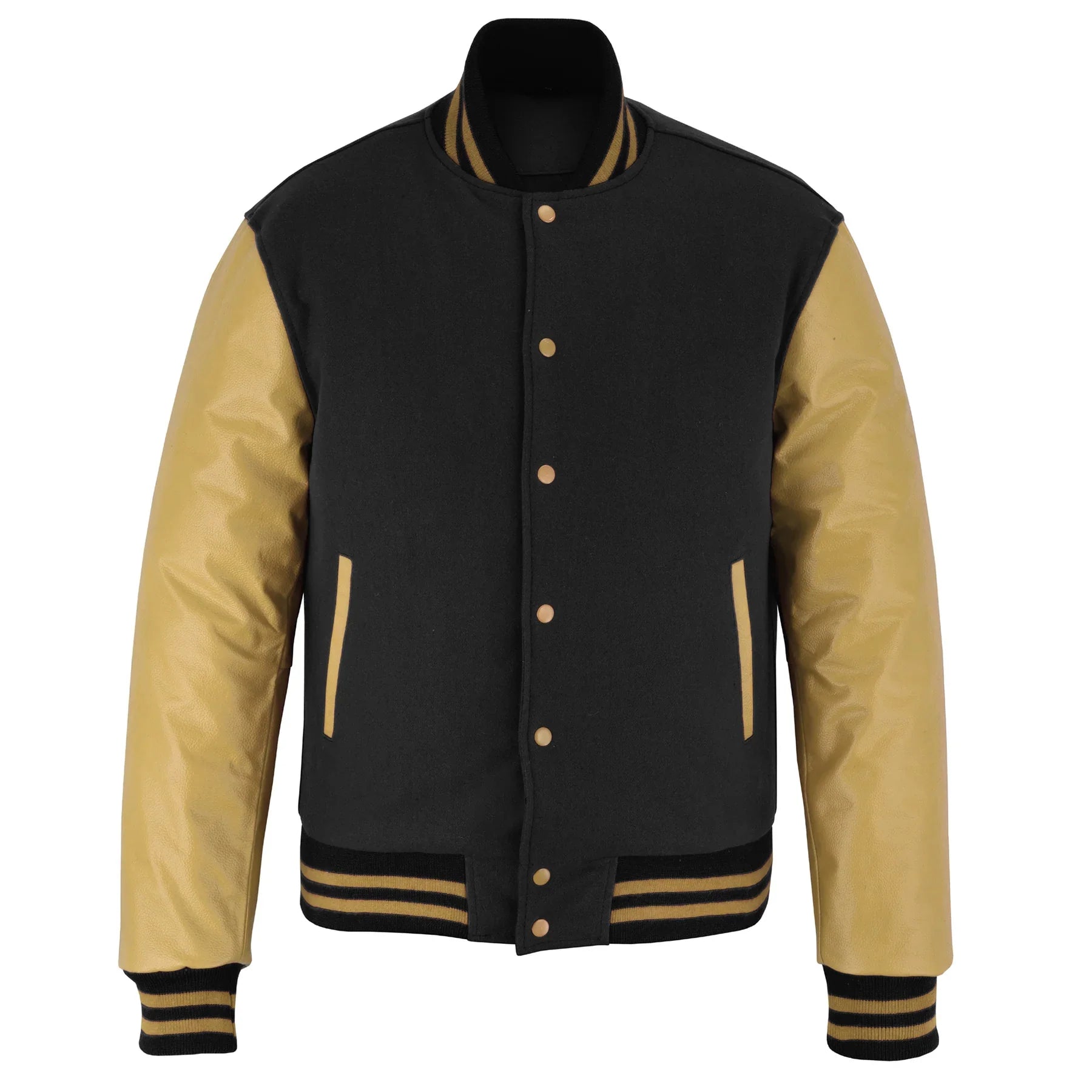 Classic Varsity Letterman Jacket Black Wool with Beige Genuine Leather Sleeves and trims