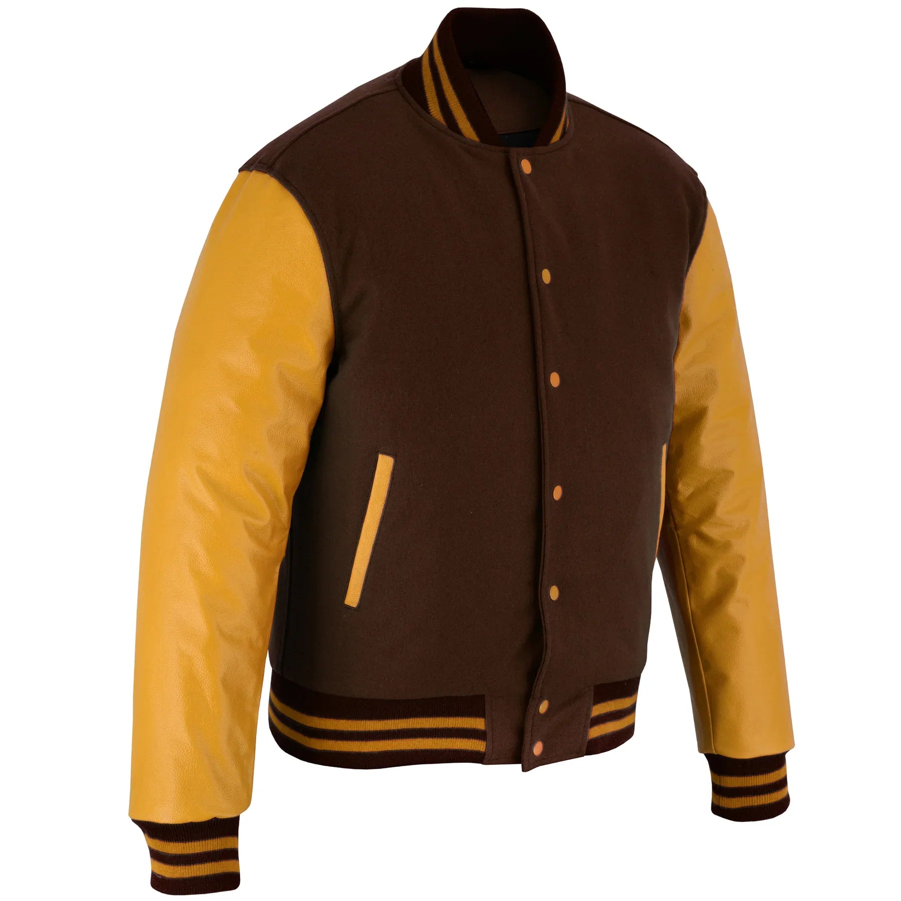 Classic Varsity Letterman Jacket Brown Wool with Gold Genuine Leather Sleeves and trims