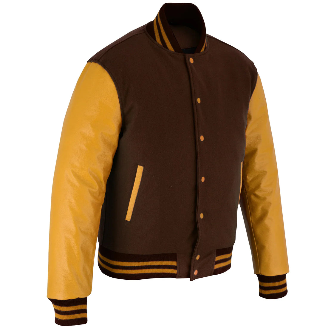 Classic Varsity Letterman Jacket Brown Wool with Gold Genuine Leather Sleeves and trims