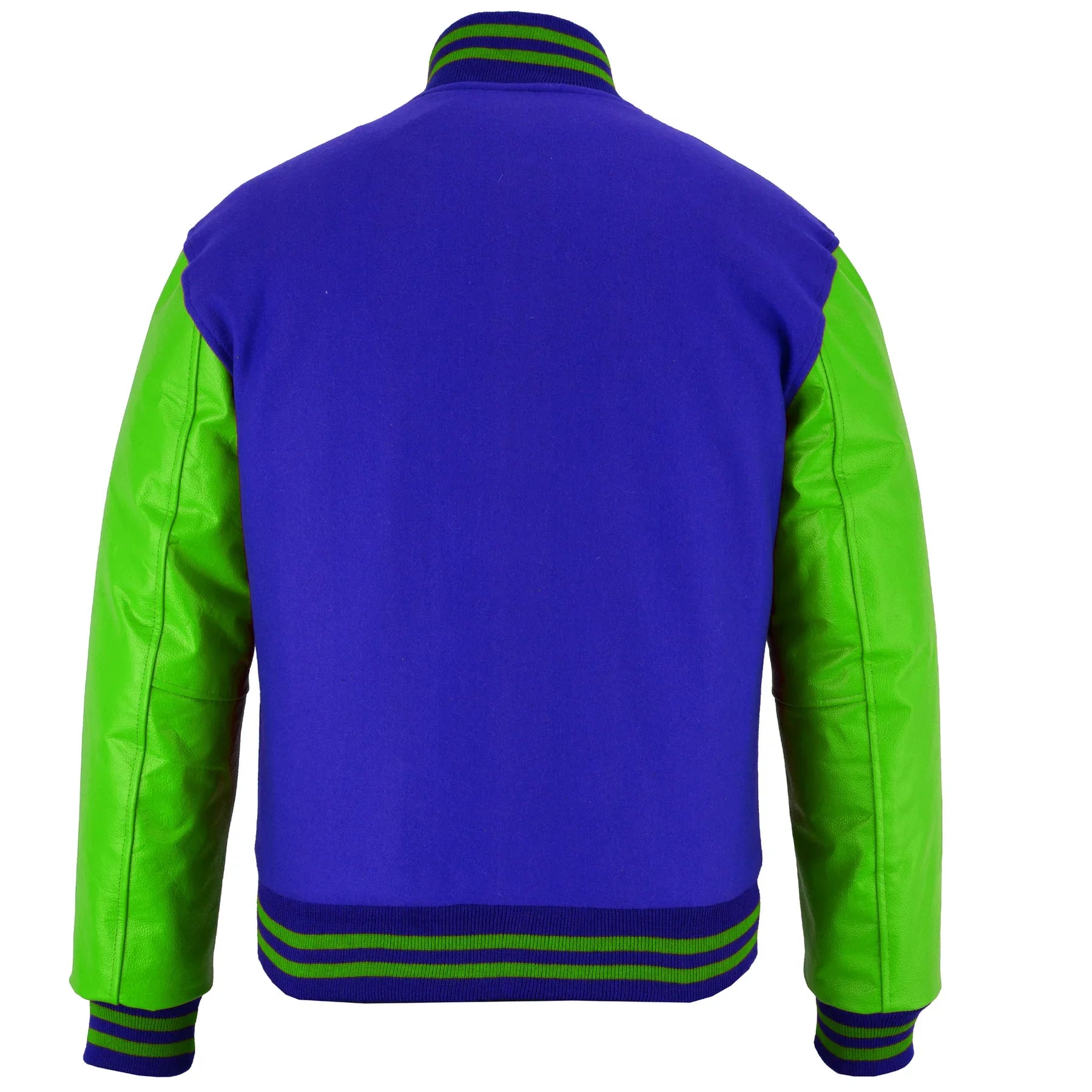 Classic Varsity Letterman Jacket Royal Wool with Green Genuine Leather Sleeves and trims