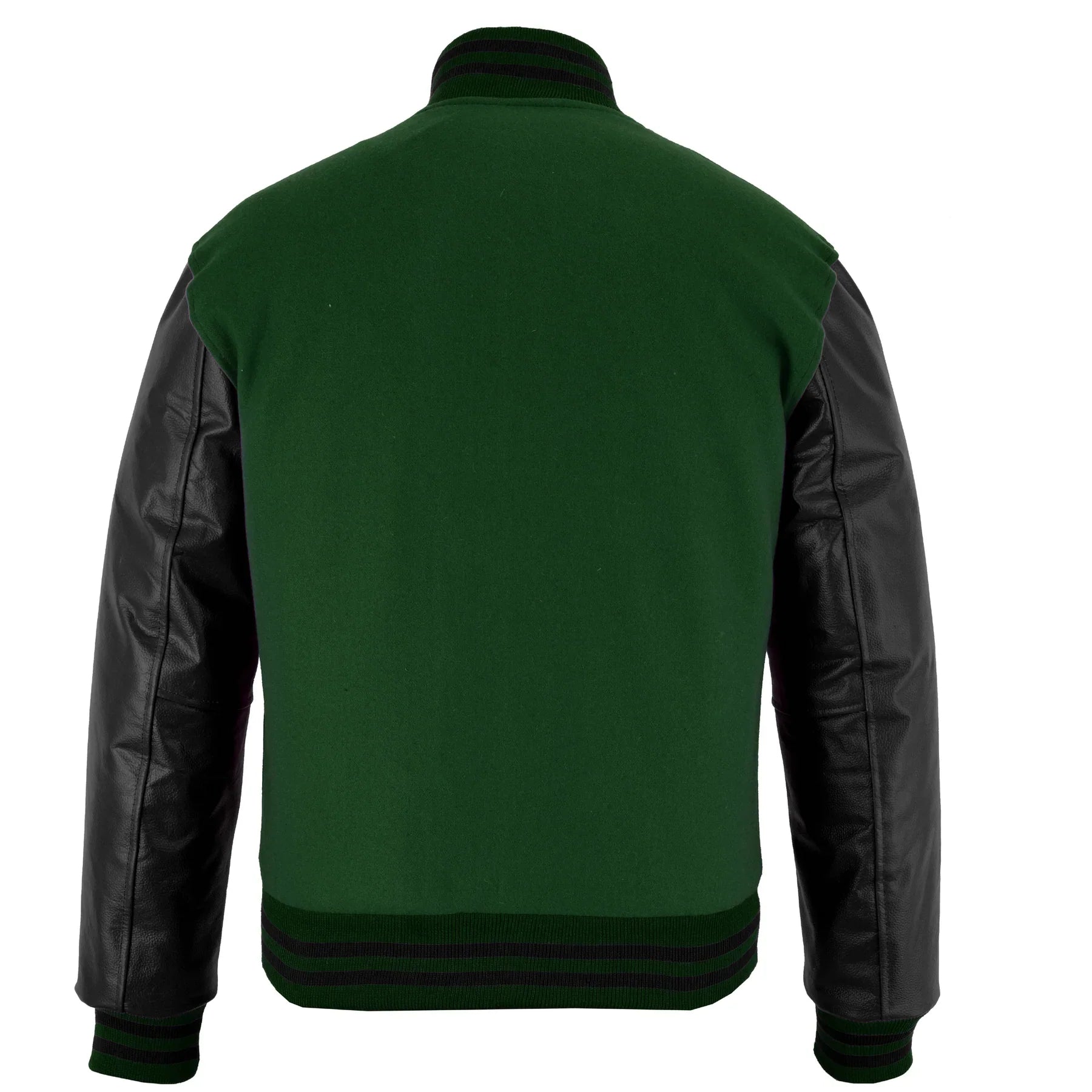 Classic Varsity Letterman Jacket Forest Green Wool with Black Genuine Leather Sleeves and trims
