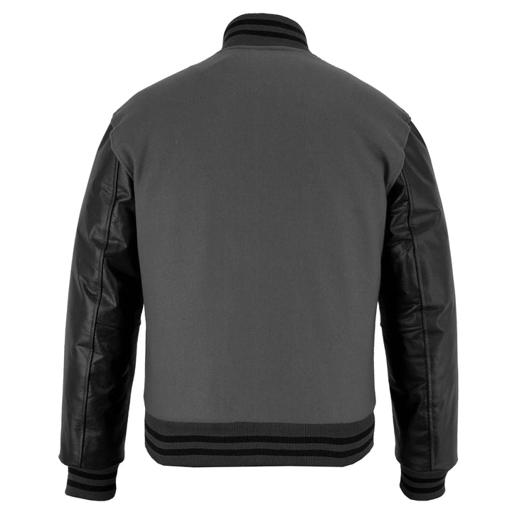 Classic Varsity Letterman Jacket Dark Grey Wool with Black Genuine Leather Sleeves and trims