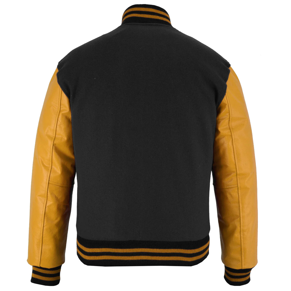 Classic Varsity Letterman Jacket Black Wool with Gold Genuine Leather Sleeves and trims
