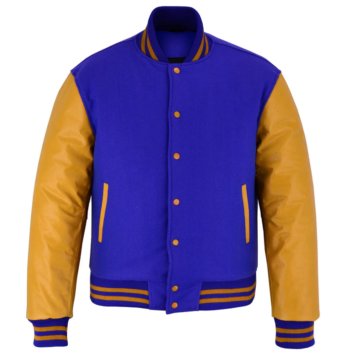 Classic Varsity Letterman Jacket Royal Wool with Gold Genuine Leather Sleeves and trims
