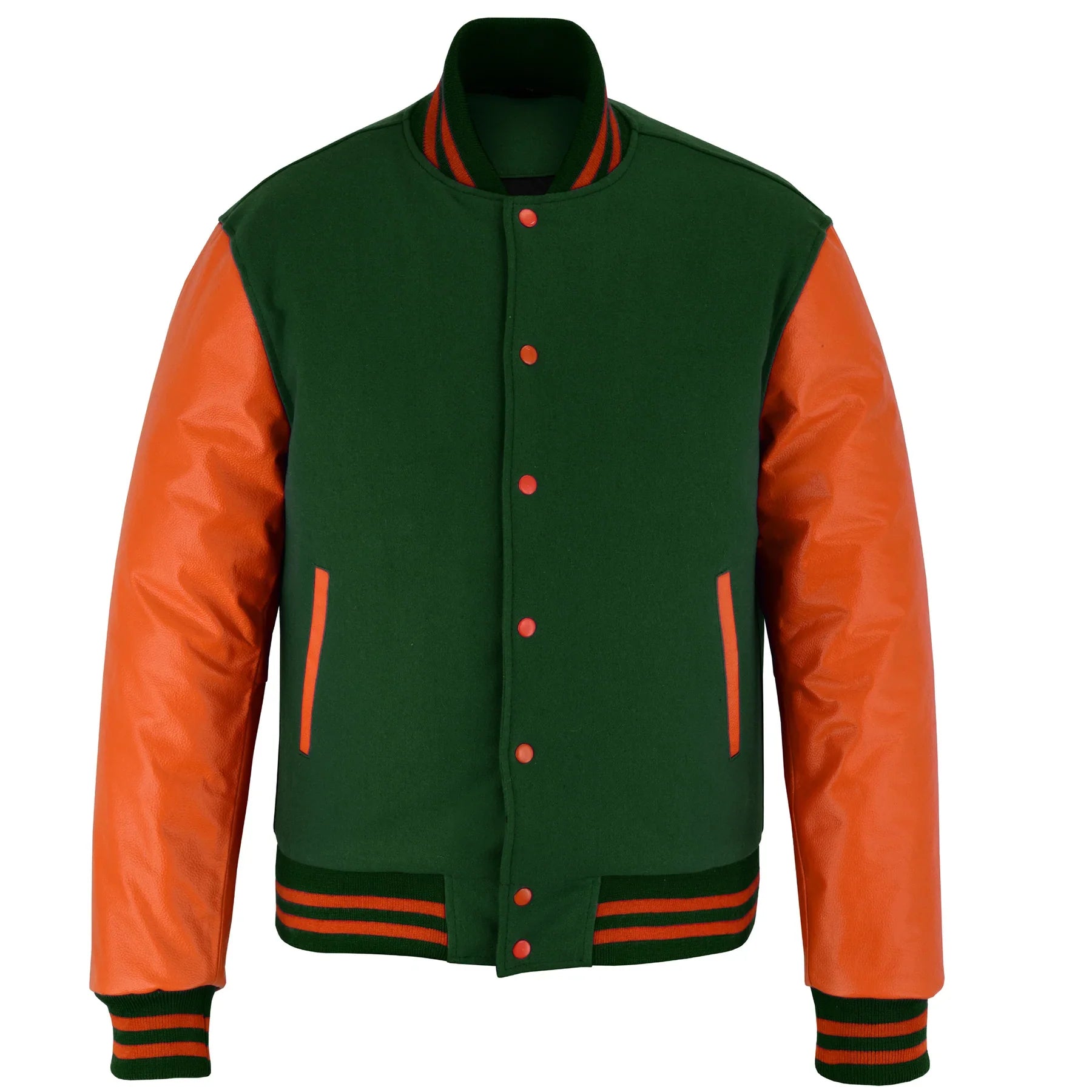 Classic Varsity Letterman Jacket Forest Green Wool with Orange Genuine Leather Sleeves and trims