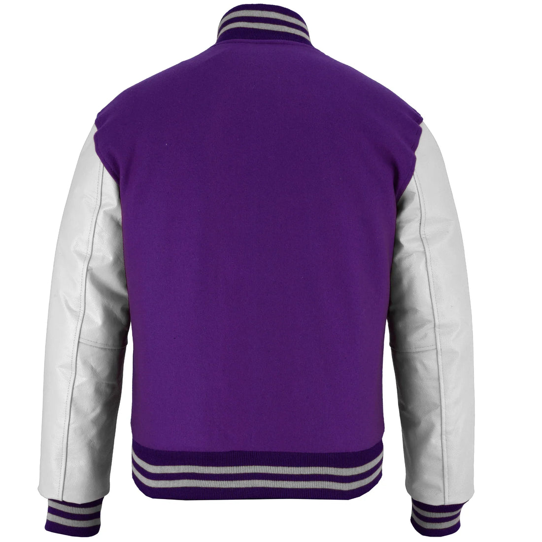 Classic Varsity Letterman Jacket Purple Wool with White Genuine Leather Sleeves and trims