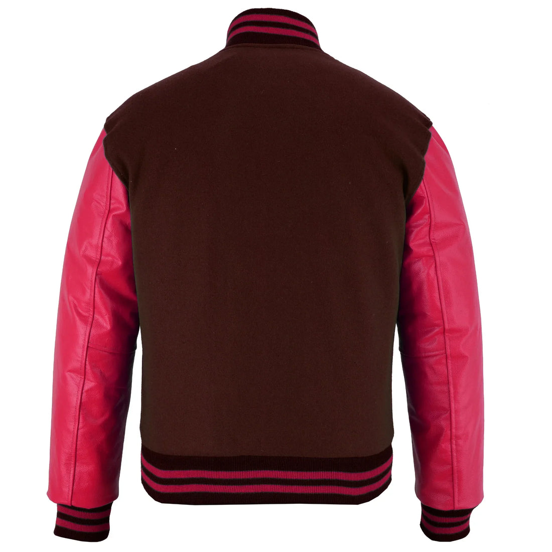 Classic Varsity Letterman Jacket Brown Wool with Hot Pink Genuine Leather Sleeves and trims