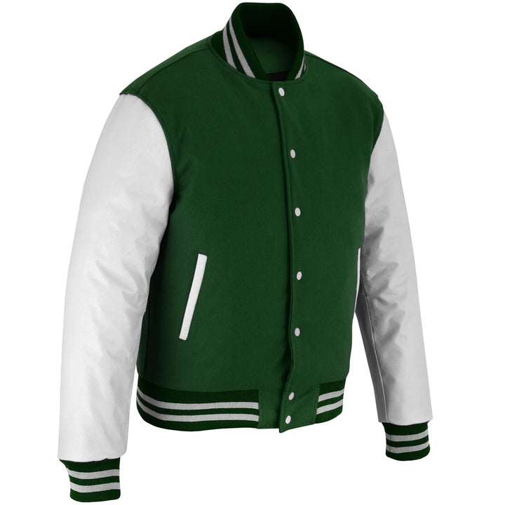 Classic Varsity Letterman Jacket Forest Green Wool with White Genuine Leather Sleeves and trims