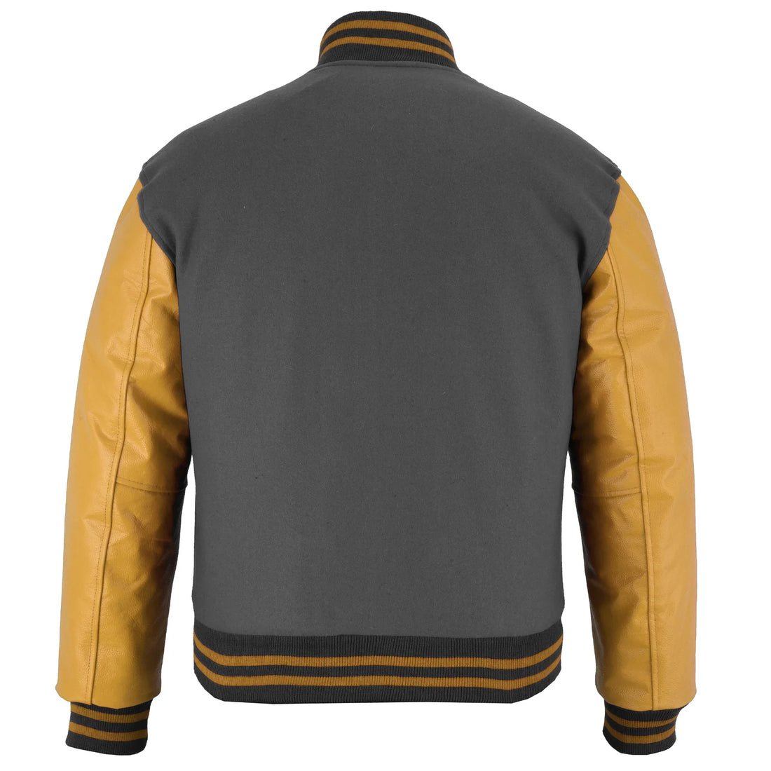 Classic Varsity Letterman Jacket Dark Grey Wool with Gold Genuine Leather Sleeves and trims