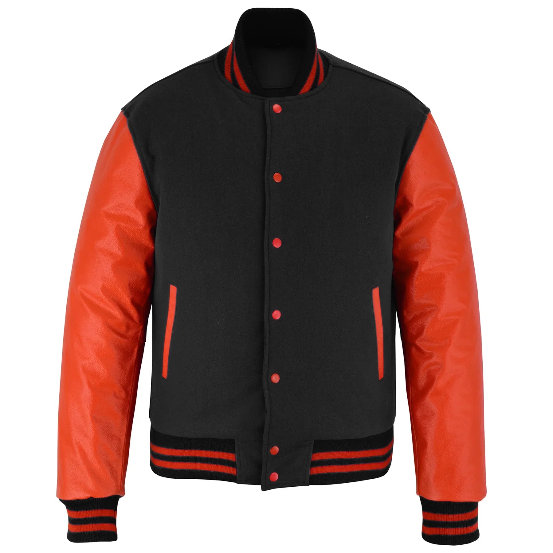 Classic Varsity Letterman Jacket Black Wool with Orange Genuine Leather Sleeves and trims