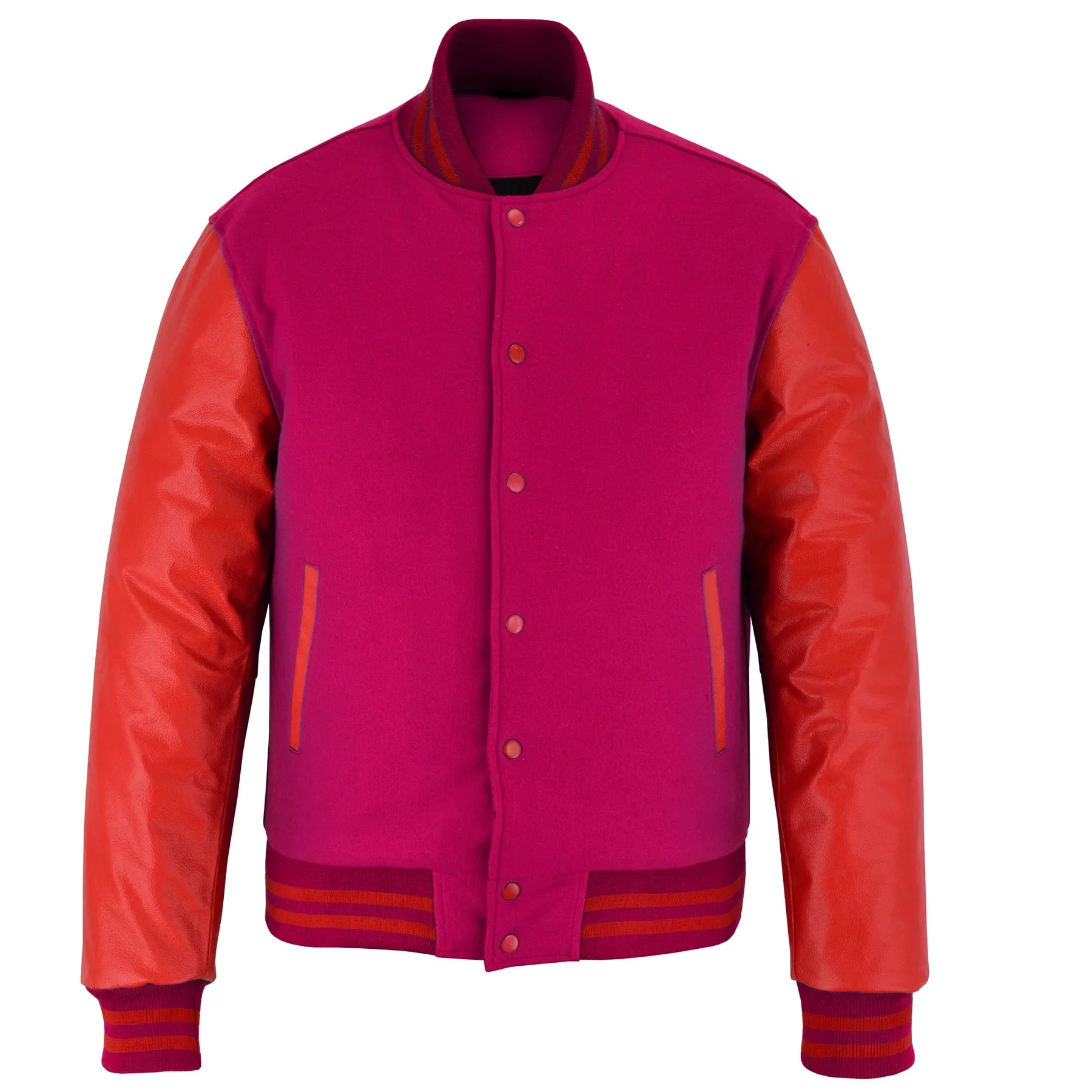 Classic Varsity Letterman Jacket Pink Wool with Orange Genuine Leather Sleeves and trims