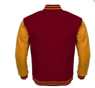 Classic Varsity Letterman Jacket Burgundy Wool with Gold Genuine Leather Sleeves