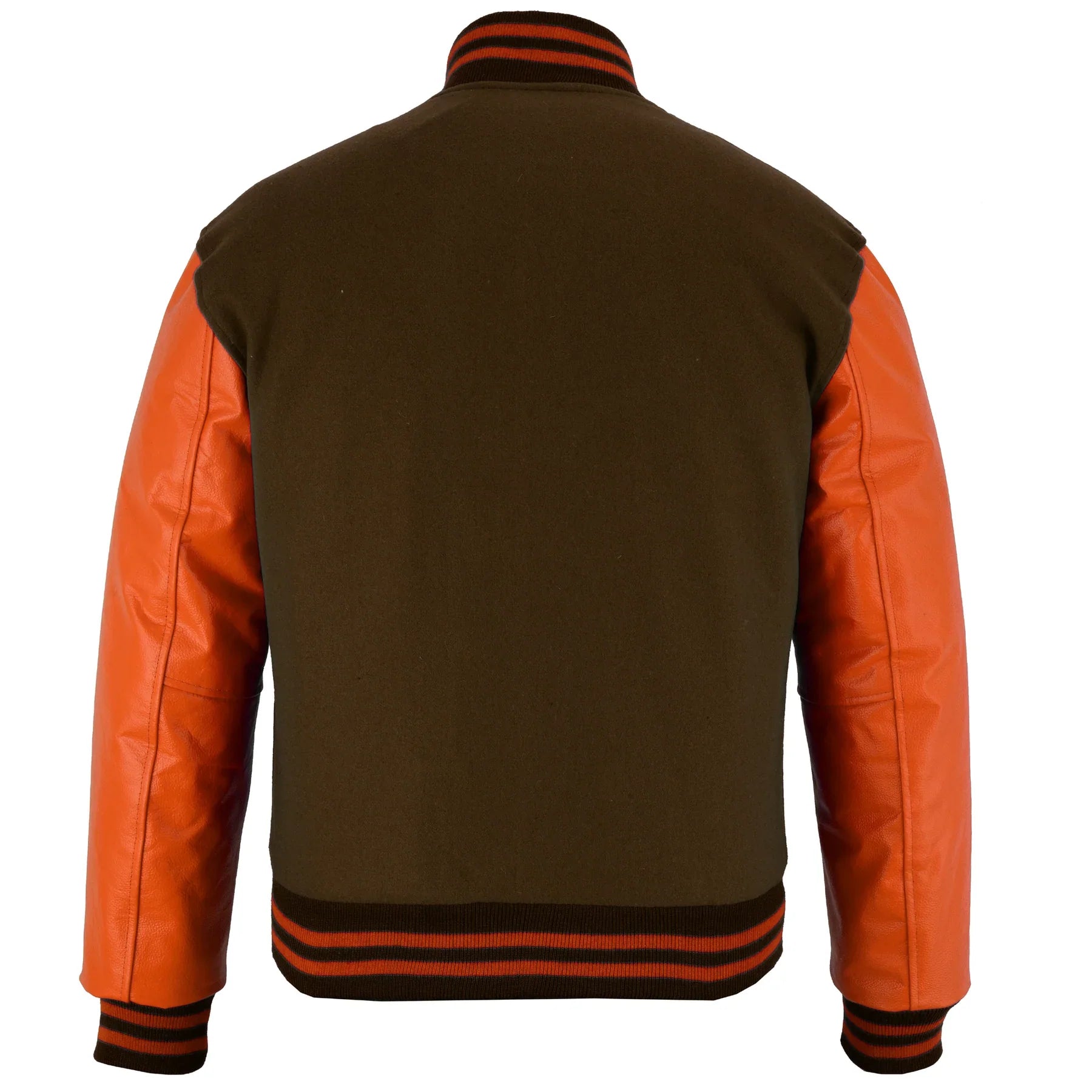 Classic Varsity Letterman Jacket Brown Wool with Orange Genuine Leather Sleeves and trims