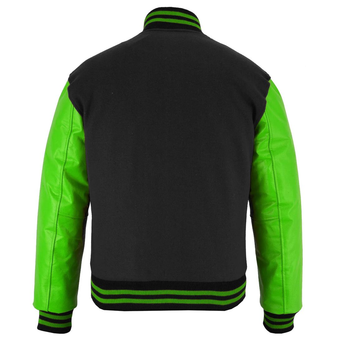 Classic Varsity Letterman Jacket Black Wool with Green Genuine Leather Sleeves and trims