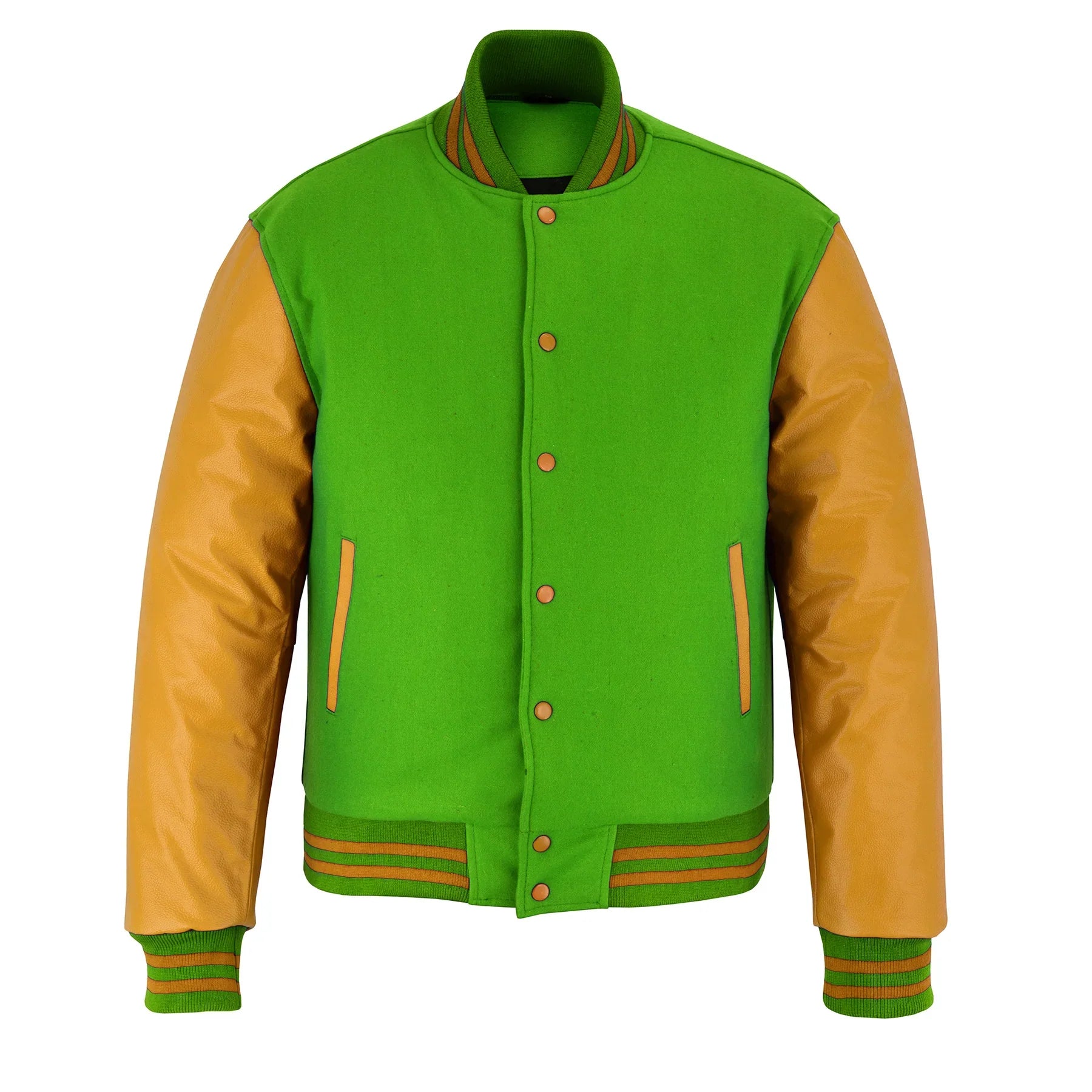 Classic Varsity Letterman Jacket Kelly Green Wool with Gold Genuine Leather Sleeves and trims