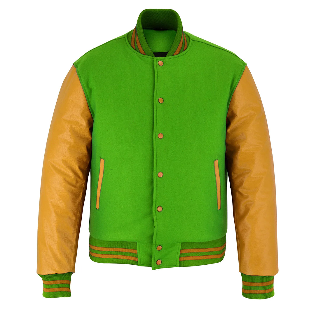Classic Varsity Letterman Jacket Kelly Green Wool with Gold Genuine Leather Sleeves and trims