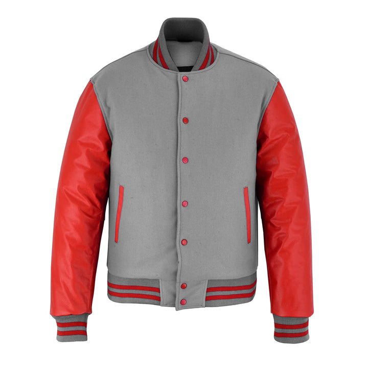 Classic Varsity Letterman Jacket Light Gray Wool with Red Genuine Leather Sleeves and trims