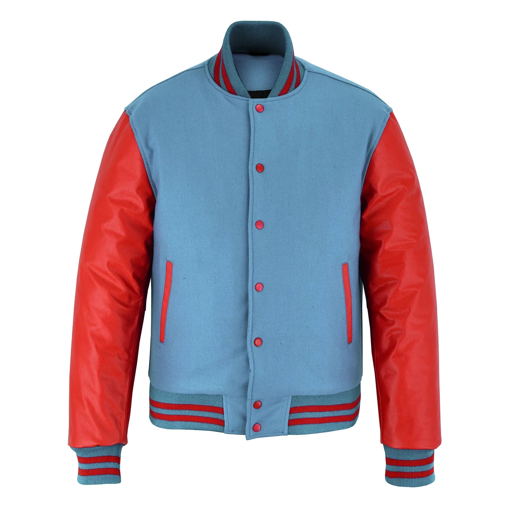 Classic Varsity Letterman Jacket Sky Blue Wool with Red Genuine Leather Sleeves and trims
