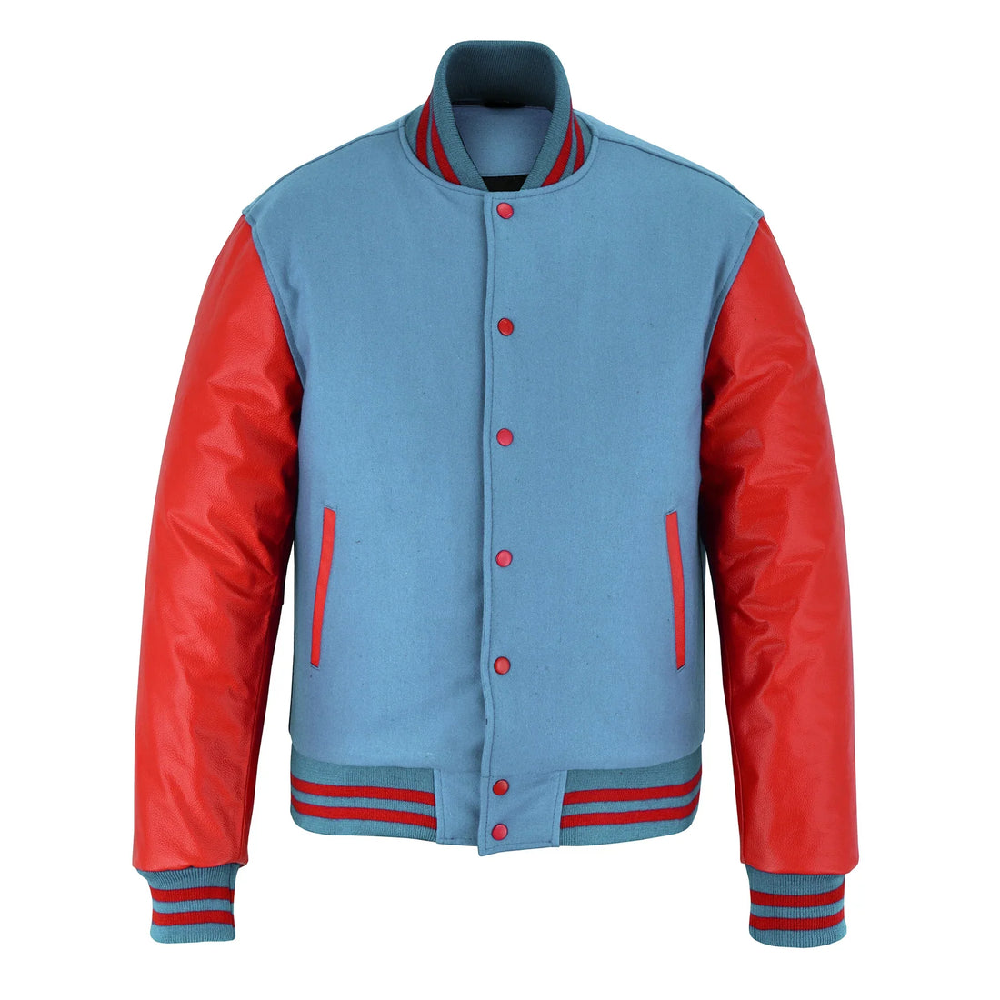 Classic Varsity Letterman Jacket Sky Blue Wool with Red Genuine Leather Sleeves and trims