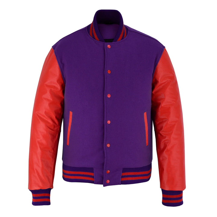 Classic Varsity Letterman Jacket Purple Wool with Red Genuine Leather Sleeves and trims