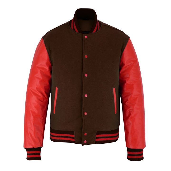 Classic Varsity Letterman Jacket Brown Wool with Red Genuine Leather Sleeves and trims