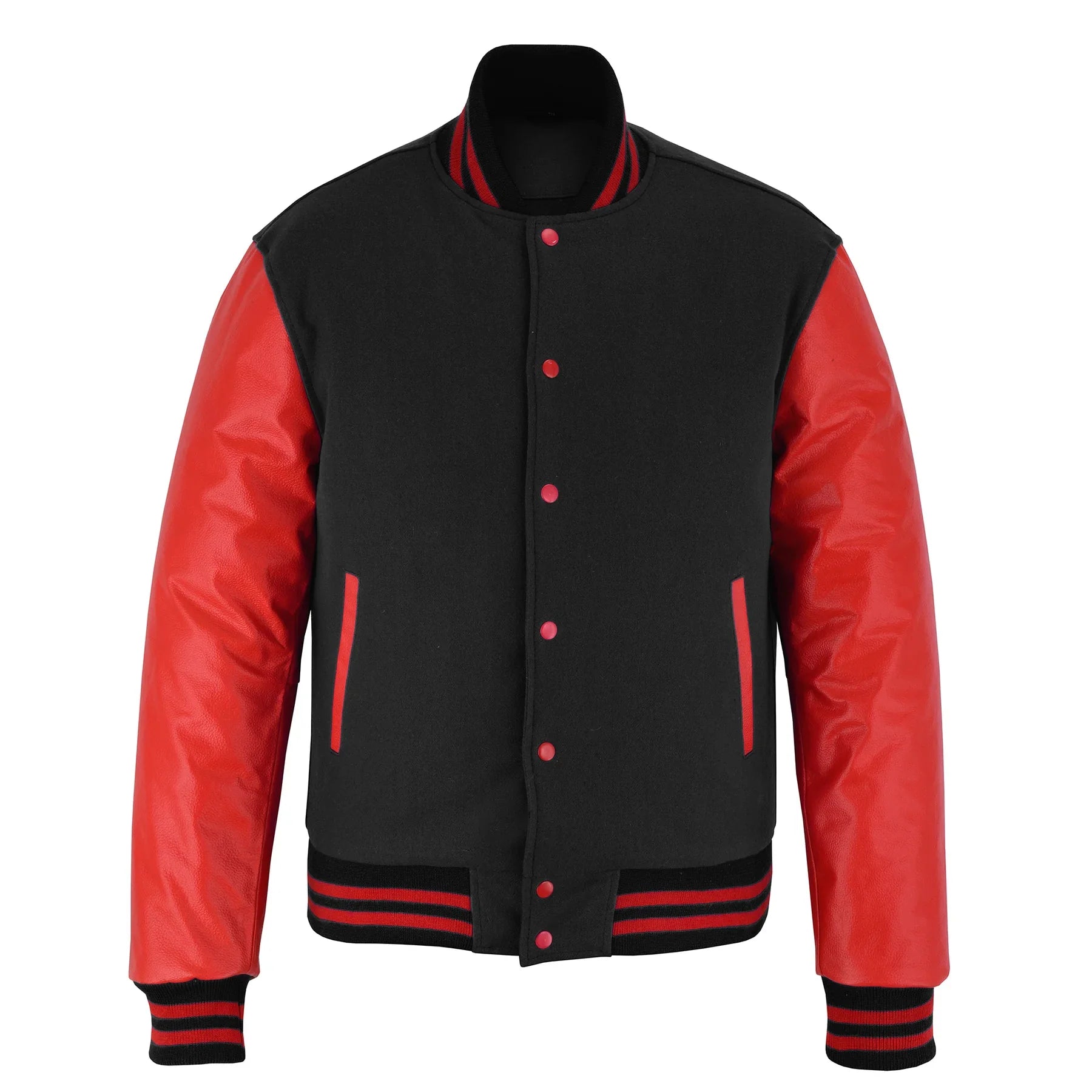 Classic Varsity Letterman Jacket Black Wool with Red Genuine Leather Sleeves and trims