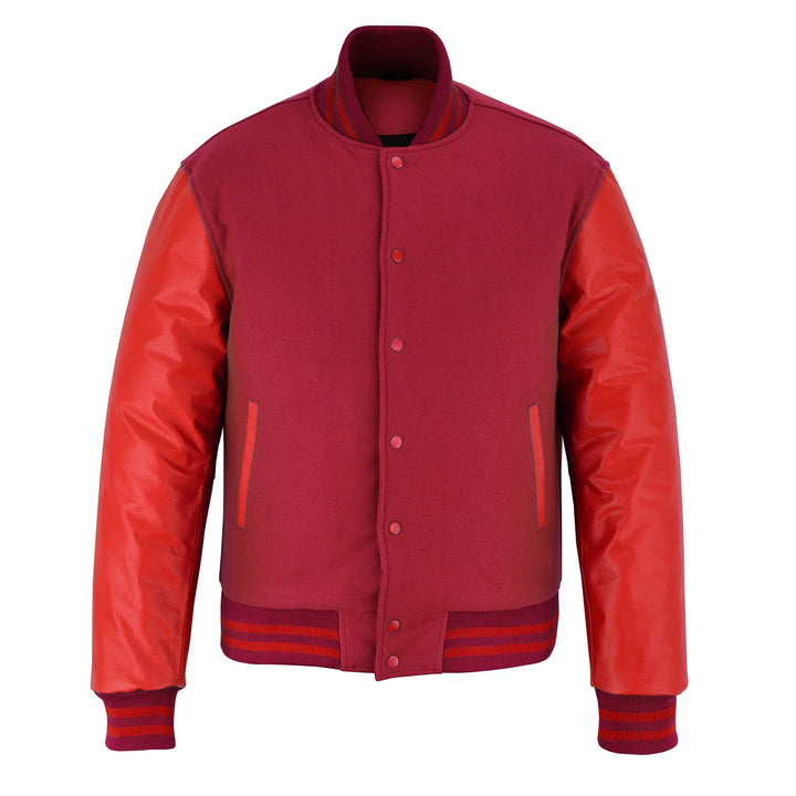 Classic Varsity Letterman Jacket Maroon Wool with Red Genuine Leather Sleeves and trims