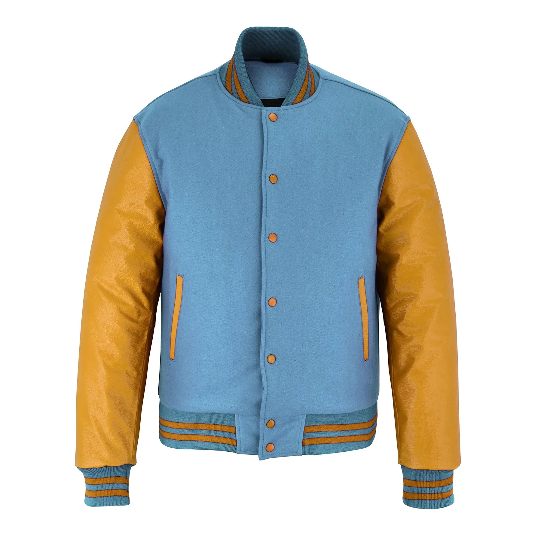 Classic Varsity Letterman Jacket Sky Blue Wool with Gold Genuine Leather Sleeves and trims