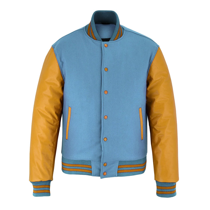 Classic Varsity Letterman Jacket Sky Blue Wool with Gold Genuine Leather Sleeves and trims