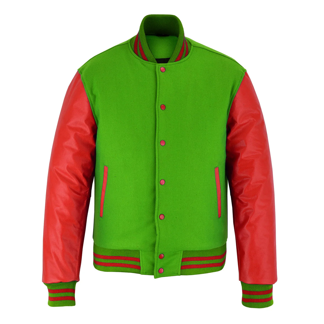 Classic Varsity Letterman Jacket Parrot Wool with Red Genuine Leather Sleeves and trims