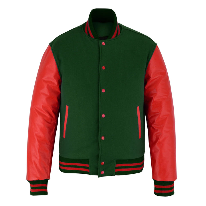 Classic Varsity Letterman Jacket Green Wool with Red Genuine Leather Sleeves and trims