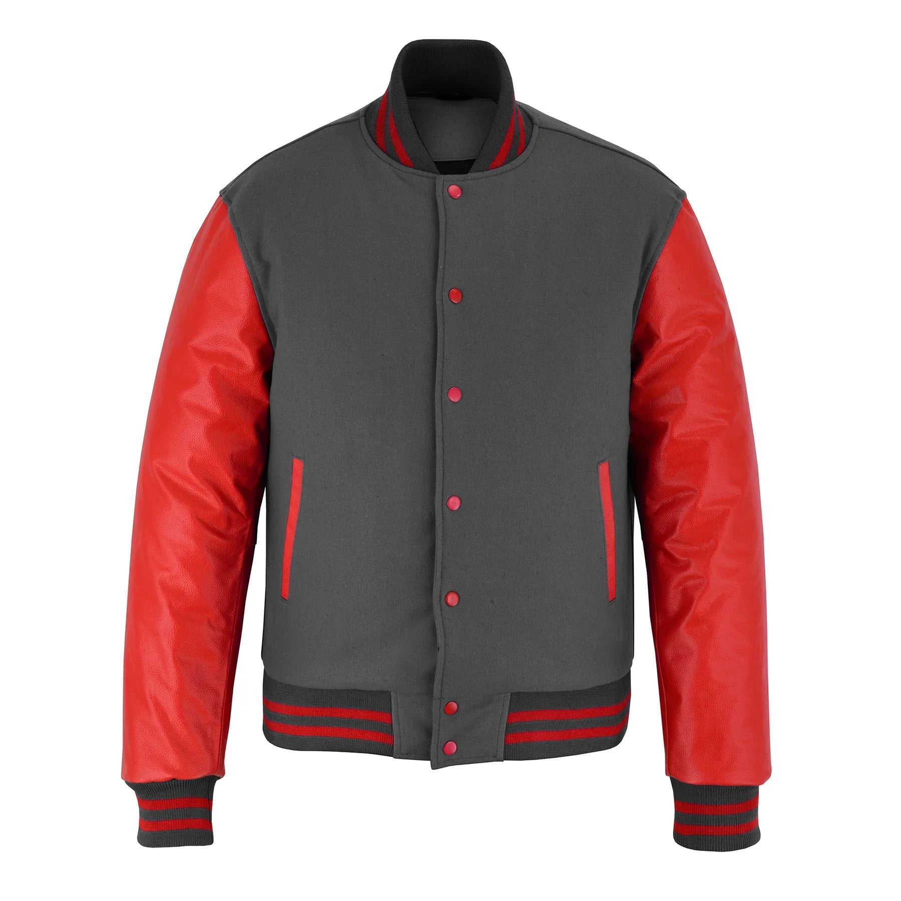 Classic Varsity Letterman Jacket Gray Wool with Red Genuine Leather Sleeves and trims