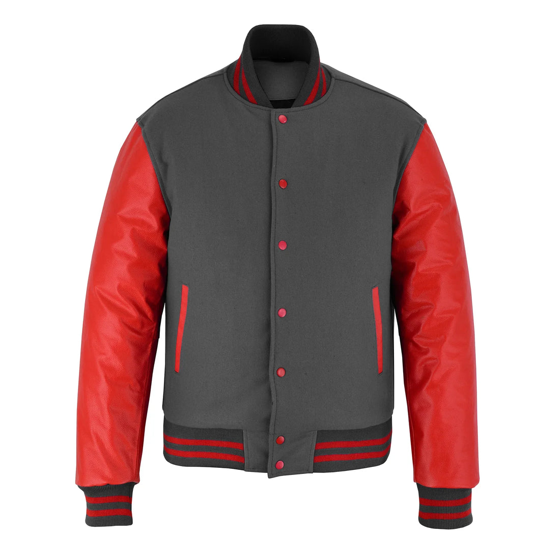 Classic Varsity Letterman Jacket Gray Wool with Red Genuine Leather Sleeves and trims