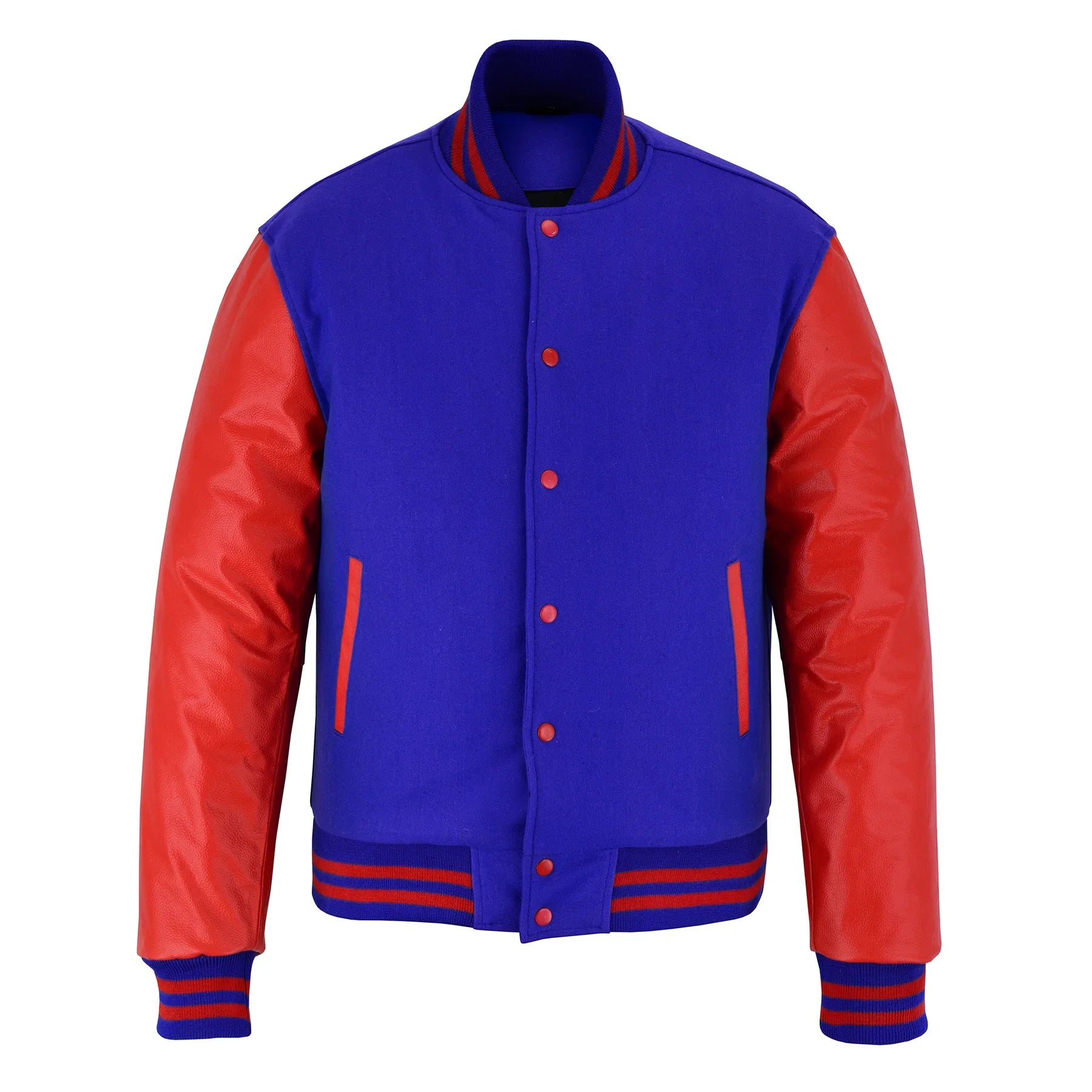 Classic Varsity Letterman Jacket Blue Wool with Orange Genuine Leather Sleeves and trims