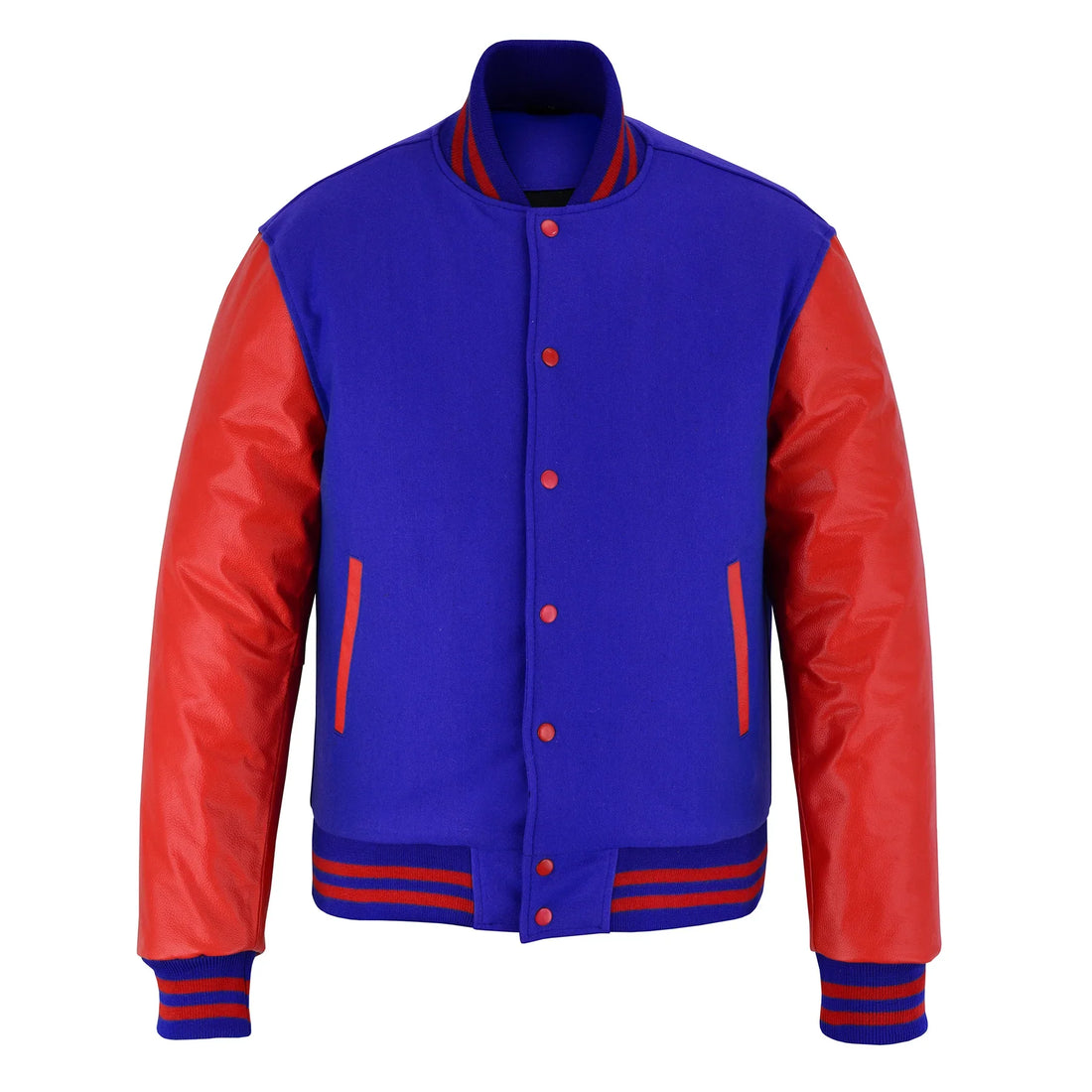 Classic Varsity Letterman Jacket Blue Wool with Orange Genuine Leather Sleeves and trims