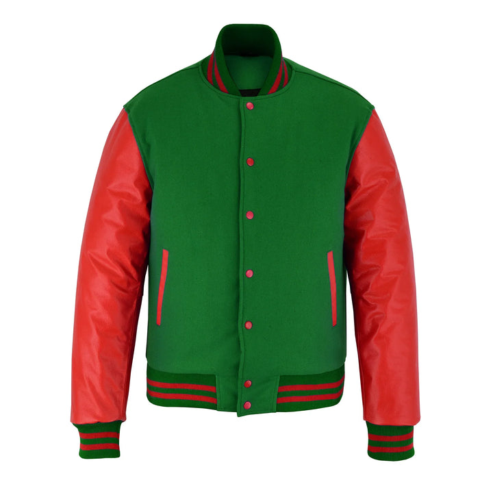 Classic Varsity Letterman Jacket Forest Green Wool with Red Genuine Leather Sleeves and trims