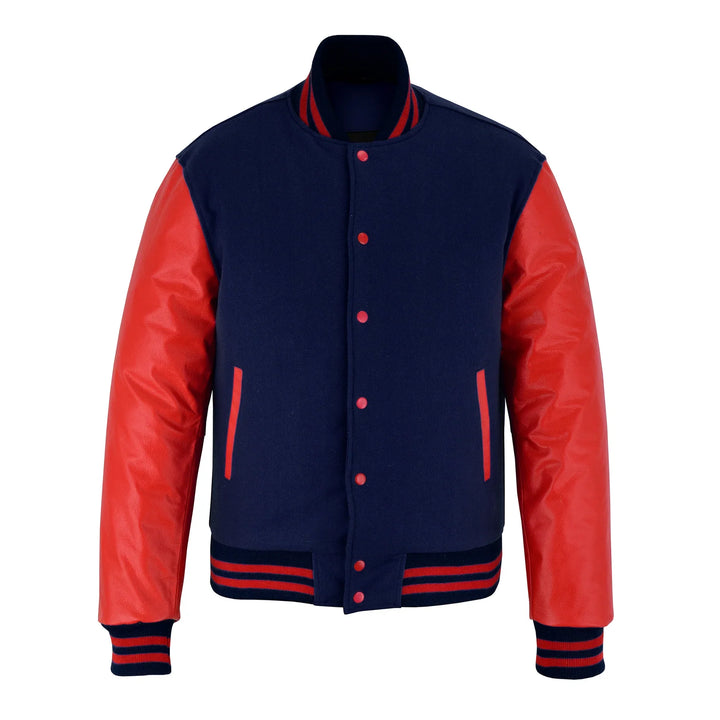 Classic Varsity Letterman Jacket Navy Blue Wool with Red Genuine Leather Sleeves and trims