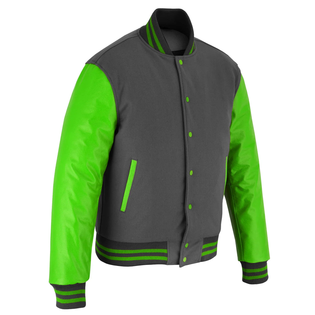 Classic Varsity Letterman Jacket Dark Grey Wool with Green Genuine Leather Sleeves and trims