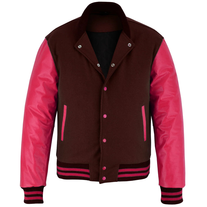 Classic Varsity Letterman Jacket Brown Wool with Hot Pink Genuine Leather Sleeves and trims