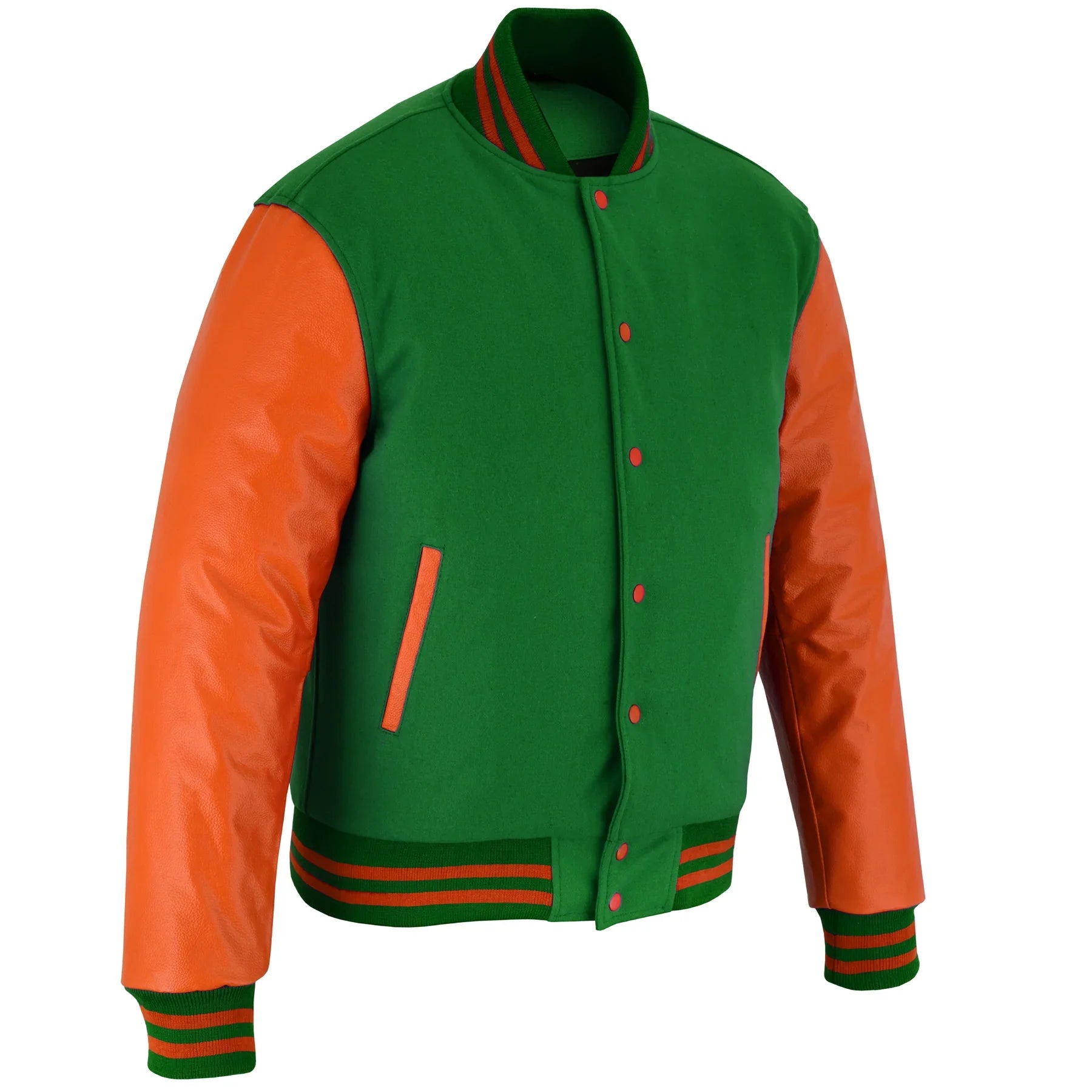 Classic Varsity Letterman Jacket Forest Green Wool with Orange Genuine Leather Sleeves and trims