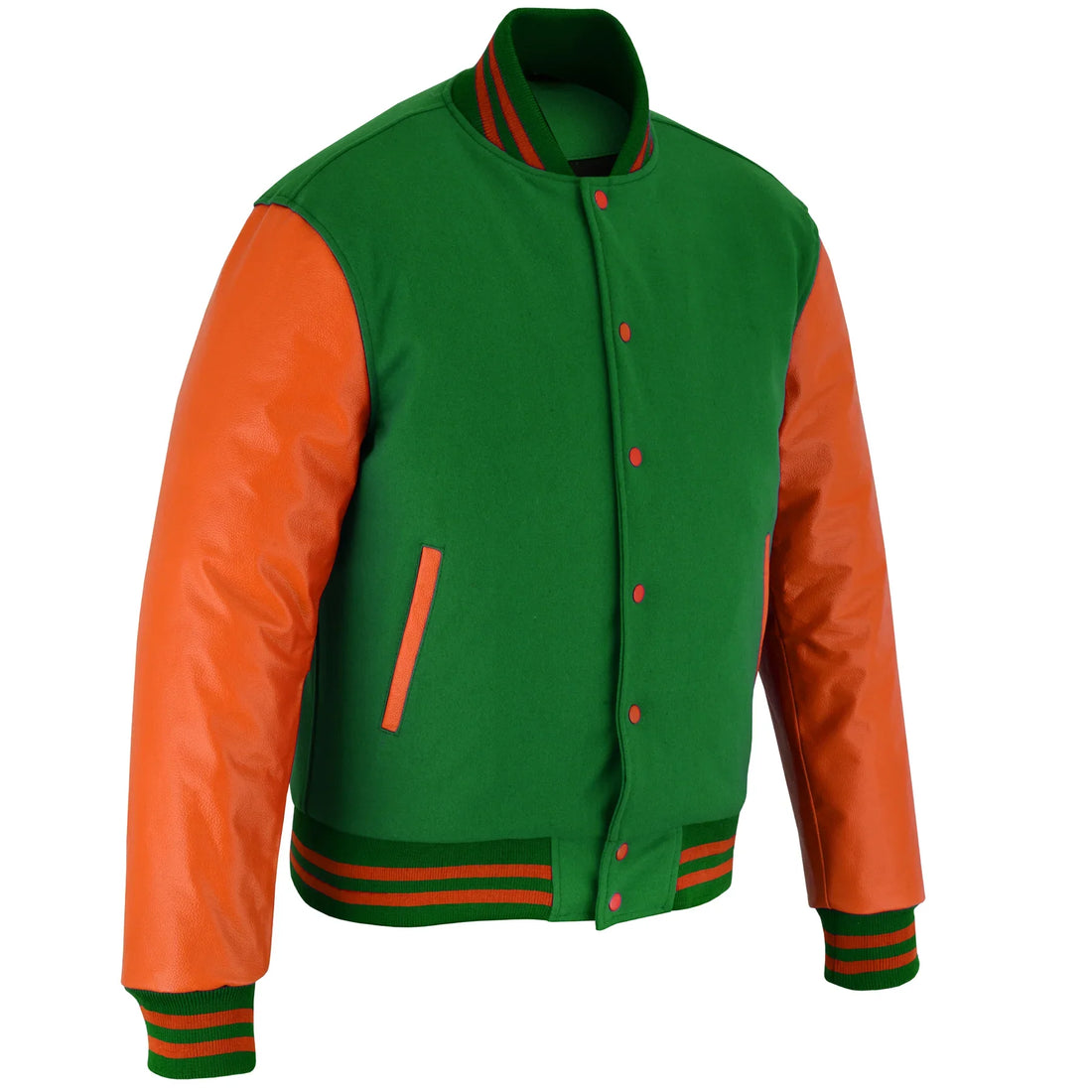 Classic Varsity Letterman Jacket Forest Green Wool with Orange Genuine Leather Sleeves and trims