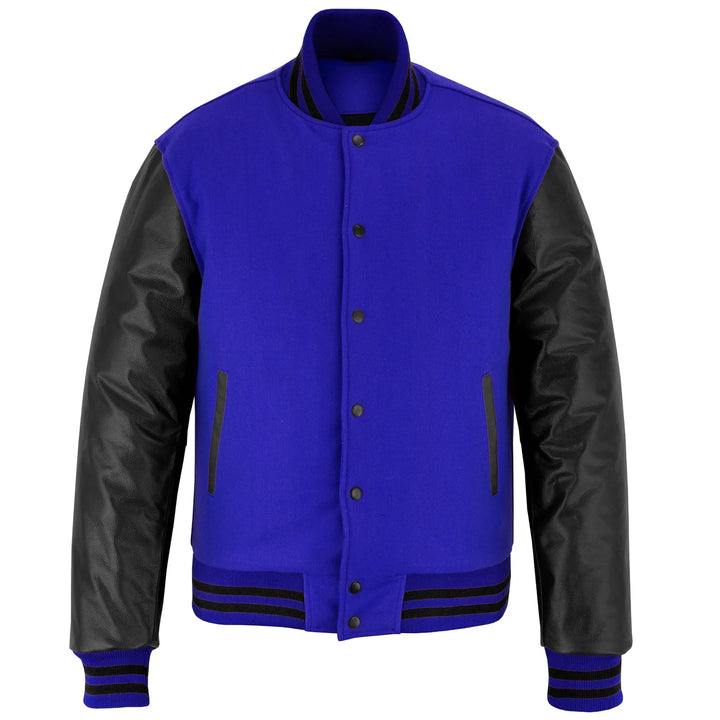 Classic Varsity Letterman Jacket Royal Wool with Black Genuine Leather Sleeves and trims