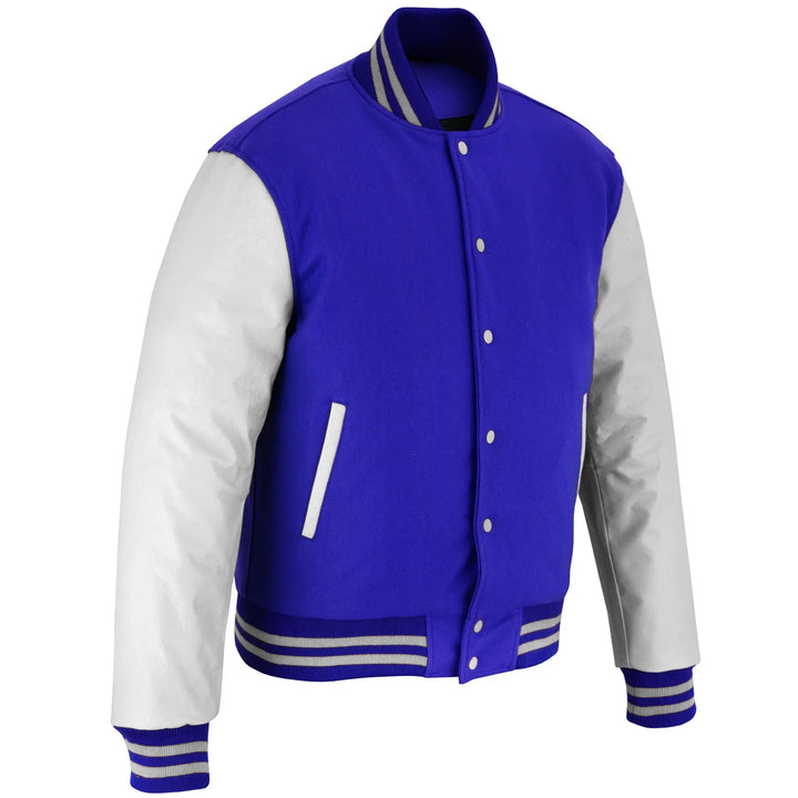 Classic Varsity Letterman Jacket Royal Wool with White Genuine Leather Sleeves and trims