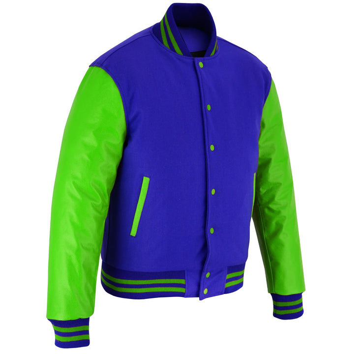 Classic Varsity Letterman Jacket Royal Wool with Green Genuine Leather Sleeves and trims
