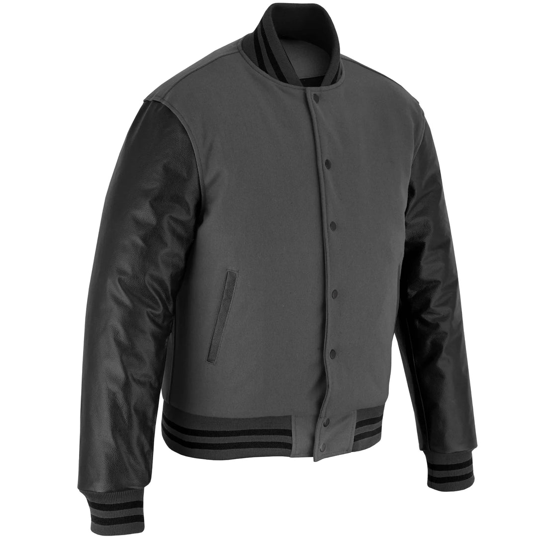 Classic Varsity Letterman Jacket Dark Grey Wool with Black Genuine Leather Sleeves and trims