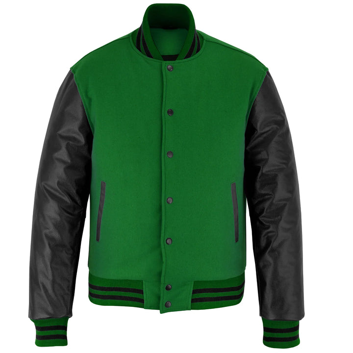 Classic Varsity Letterman Jacket Forest Green Wool with Black Genuine Leather Sleeves and trims